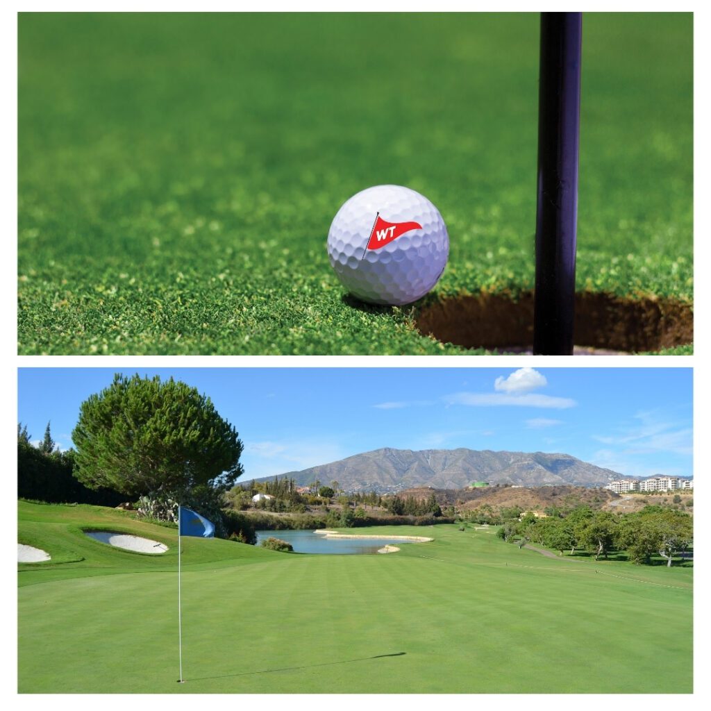 Golf ball near a hole on a green.